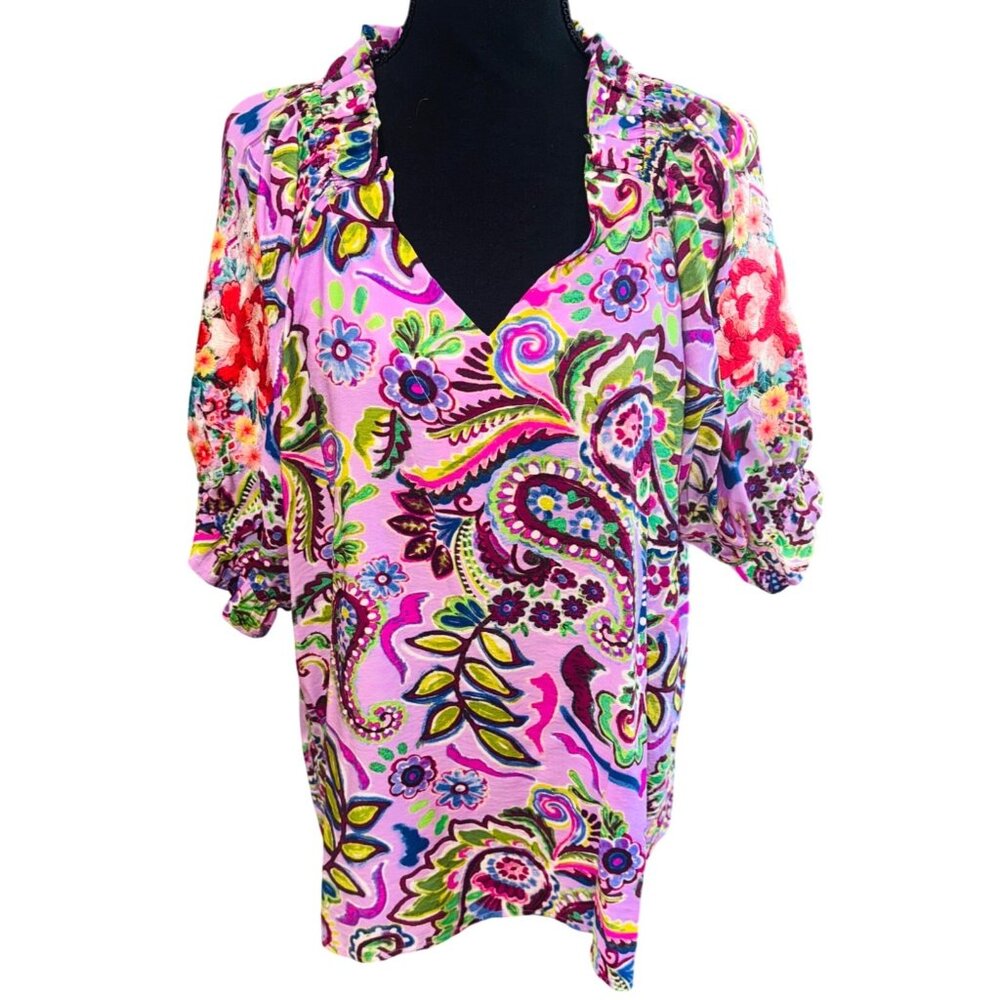 Savanna Jane Boho Lilac Paisley Print Blouse With Floral Embroidery On Sleeves M - Picture 2 of 9